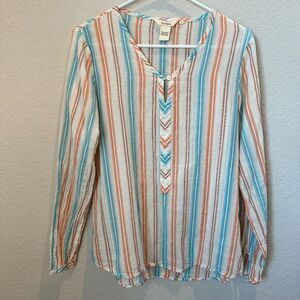 Sundance Orange Blue White 100% Lightweight Cotton Stripe V-Neck Blouse - Size S